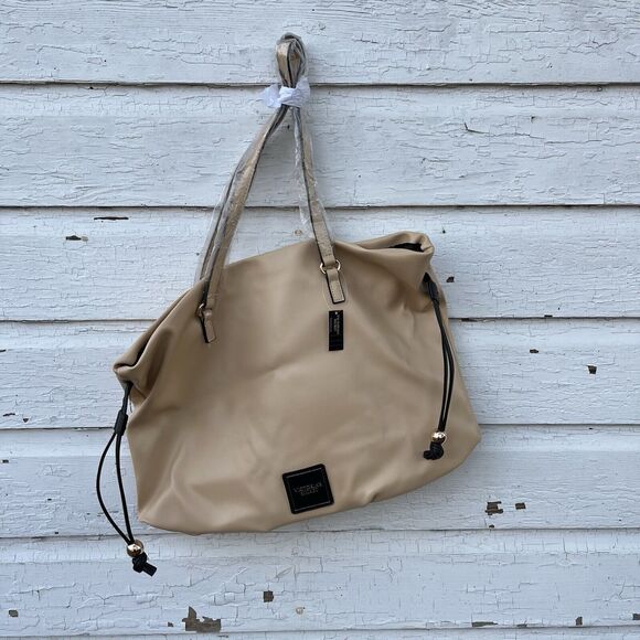 VICTORIA'S SECRET Cinch-Top Faux Leather Tote, Nude/Black- 12”x17” NWT - Picture 3 of 7